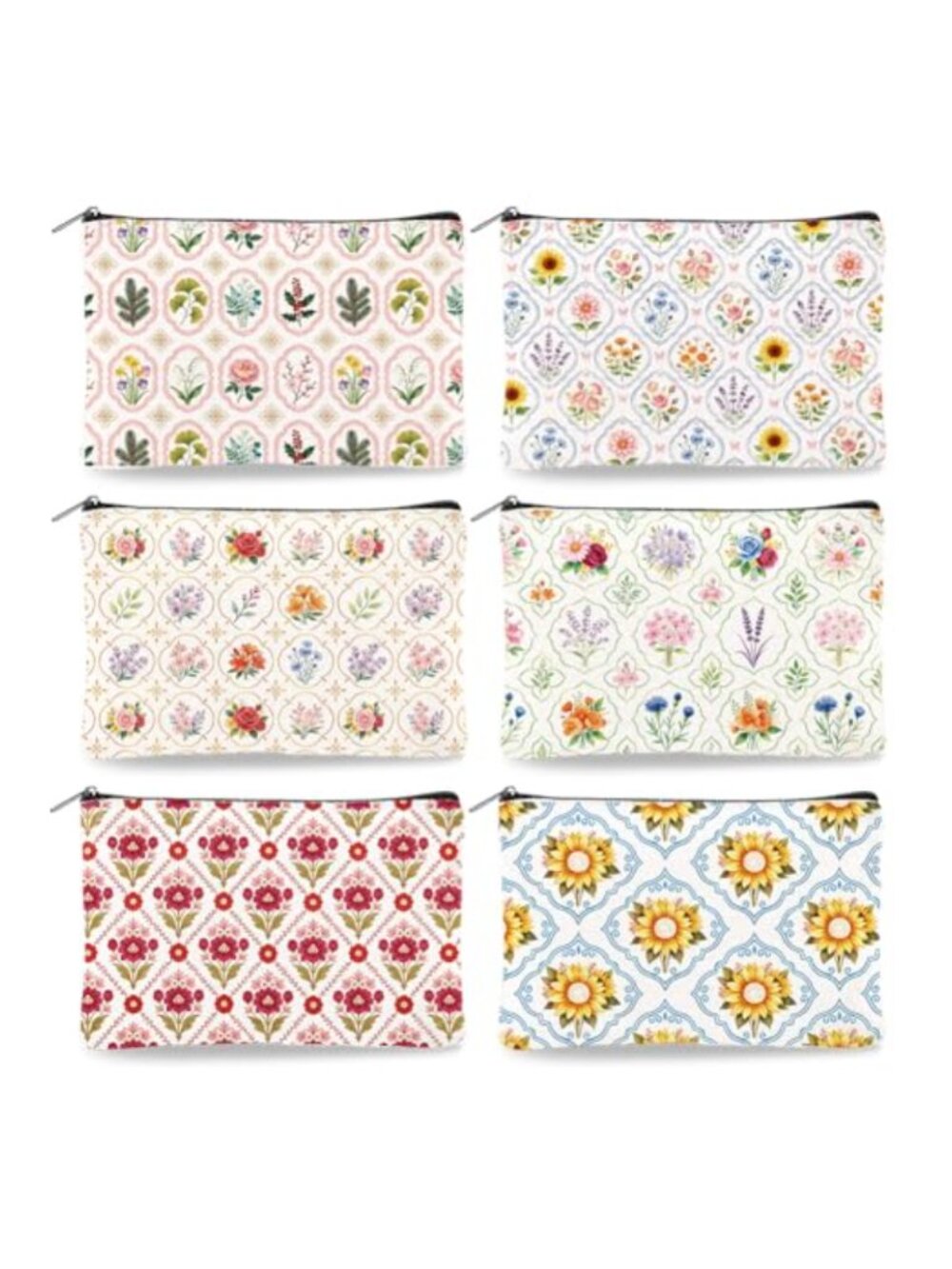 6Pc Canvas Makeup Bags Set Floral Print Cosmetic Toiletry Travel Organizer